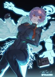 Rule 34 | 1girl, ayanami rei, black background, black bodysuit, black gloves, bodysuit, breasts, cable, cassette player, commentary request, covered collarbone, covered navel, evangelion: 3.0 you can (not) redo, gloves, glowing, hair between eyes, hairpods, hand on own stomach, highres, interface headset, jacket, looking at viewer, lying, medium breasts, neon genesis evangelion, on back, parted lips, plugsuit, rebuild of evangelion, red eyes, short hair, silver hair, skin tight, solo, twitter username, white jacket, zhoumo fangjia