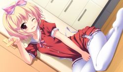 Rule 34 | 10s, 1girl, blonde hair, blush, bow, door, dress, dutch angle, frills, hair bow, hair ornament, imouto paradise!, itou life, nanase hiyori, one eye closed, pantyhose, pink bow, red dress, red eyes, short hair, short sleeves, solo, white pantyhose
