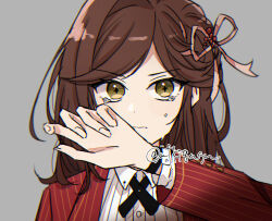 Rule 34 | 1girl, brown eyes, brown hair, closed mouth, collared shirt, crying, crying with eyes open, dress shirt, grey background, highres, jacket, long hair, long sleeves, looking at viewer, mtkignsn, open clothes, open jacket, pinstripe pattern, red jacket, rosa (tears of themis), shirt, simple background, solo, striped, swept bangs, tears, tears of themis, twitter username, upper body, white shirt