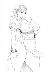 Rule 34 | 1girl, bonten, breasts, bun cover, capcom, china dress, chinese clothes, chun-li, double bun, dress, female focus, highres, huge breasts, looking at viewer, monochrome, pantyhose, pelvic curtain, scan, short hair, smile, solo, street fighter, thick thighs, thighs, traditional media