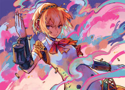 Rule 34 | 1girl, aegis (persona), android, armband, blonde hair, blue eyes, bow, bowtie, collar, finger gun, headband, joints, looking to the side, multicolored background, parted lips, persona, persona 3, robot, robot joints, say0ran, shell casing, short hair, signature, smoke, solo, twitter username, upper body, watermark