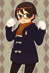 Rule 34 | 1girl, argyle, argyle background, argyle clothes, black pantyhose, blush, brown-framed eyewear, brown background, brown eyes, brown hair, brown scarf, coat, cowboy shot, duffel coat, glasses, looking at viewer, mittens, open mouth, original, outline, oza watto, pantyhose, scarf, smile, solo