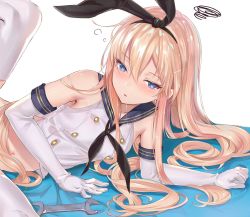 Rule 34 | 10s, 1girl, aimee (emi), aimee (origin), arm support, bare shoulders, blonde hair, blue eyes, blush, breasts, clothed sex, detached sleeves, elbow gloves, gloves, hair between eyes, half-closed eyes, highres, implied sex, kantai collection, leg lift, long hair, looking at viewer, lying, midriff, navel, on side, saliva, saliva trail, shimakaze (kancolle), small breasts, solo, spread legs, tsurime, white gloves, white legwear, wrench