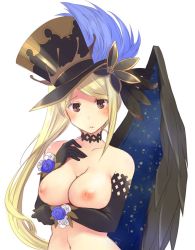 Rule 34 | 1girl, bad id, bad twitter id, black gloves, blonde hair, blush, breast hold, breasts, brown eyes, character request, commentary request, copyright request, elbow gloves, flower, frown, gloves, hair ornament, hat, long hair, looking at viewer, navel, nipples, parted lips, side ponytail, single wing, solo, theta (ponkotsu works), top hat, topless, wings
