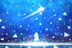 Rule 34 | 1girl, ahoge, blue dress, blue eyes, blue sky, blue theme, commentary request, dress, fantasy, glowing, grass, long hair, looking at viewer, magic, original, outdoors, sakimori (hououbds), scenery, shooting star, sky, solo, standing, star (sky), starry sky, white hair