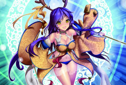 Rule 34 | 1girl, bare shoulders, belly, blue hair, blue panties, blush, breasts, bridal gauntlets, character request, cleavage, collarbone, commentary request, cowboy shot, detached sleeves, dual wielding, halterneck, highres, holding, holding weapon, horns, kekkaishi, long hair, long sleeves, navel, open mouth, original, panties, ribbon, solo, standing, thigh gap, traditional youkai, underwear, veil, weapon, wide sleeves, yellow eyes, zha zha que