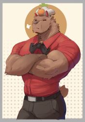 Rule 34 | 1boy, = =, absurdres, bara, black bow, black bowtie, bow, bowtie, brown pants, capybara boy, cowboy shot, crossed arms, fluffy, furry, furry male, highres, large pectorals, male focus, muscular, muscular male, on head, original, pants, pectorals, red shirt, shirt, short hair, solo, standing, steam from nose, yourboi lynno