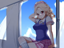 Rule 34 | 1girl, arm support, arms up, bad id, bad pixiv id, blonde hair, blush, chemical-x, cloud, crossed legs, curtains, day, drill hair, glasses, plaid, plaid skirt, red eyes, ribbon, ringlets, school uniform, sitting, skirt, sky, socks, solo, sweater vest, window