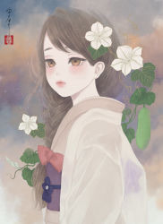 Rule 34 | 1girl, absurdres, bow, braid, brown eyes, brown hair, closed mouth, cloud, commentary, flower, flower request, hair flower, hair ornament, highres, japanese clothes, kimono, leaf, light blush, long hair, looking at viewer, looking to the side, obi, obiage, obijime, original, purple sash, sash, seal impression, signature, solo, swept bangs, upper body, ushiyama ame, white flower, white kimono