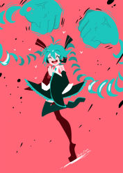 Rule 34 | 1girl, aqua hair, arms (game), blush, clenched hand, crossover, detached sleeves, green hair, hatsune miku, headphones, headset, long hair, necktie, open mouth, parody, projecttiger, skirt, solo, thighhighs, twintails, veins, very long hair, vocaloid