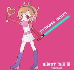 Rule 34 | 1girl, bad id, bad pixiv id, boots, costume, elbow gloves, energy sword, english text, female focus, flat color, full body, gloves, heart, heather mason, princess heart, silent hill, silent hill (series), silent hill 3, simple background, solo, sword, weapon