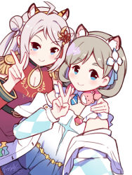 Rule 34 | 2girls, ahoge, animal ear fluff, animal ears, blue eyes, blush, breasts, cleavage, cleavage cutout, closed mouth, clothing cutout, double bun, dress, epaulettes, fake animal ears, flower, grey hair, hair bun, hair flower, hair ornament, hairband, hand on another&#039;s shoulder, hand up, highres, in-franchise crossover, jacket, langbazi, love live!, love live! nijigasaki high school idol club, love live! superstar!!, medium breasts, multiple girls, off shoulder, open clothes, open jacket, parted bangs, red dress, simple background, sleeveless, sleeveless dress, smile, tang keke, thick eyebrows, tiger ears, v, white background, white dress, white flower, white hairband, white jacket, yellow hairband, zhong lanzhu