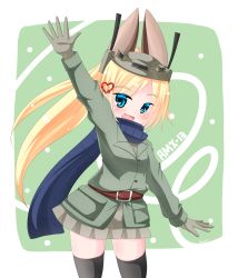 Rule 34 | 1girl, :d, amx-13, animal ears, arm up, black thighhighs, blonde hair, blue eyes, blue scarf, brown hat, commentary request, green background, green jacket, grey skirt, hair ornament, hat, heart, heart hair ornament, highres, jacket, kanijiru, long hair, open mouth, original, parted bangs, personification, scarf, skirt, smile, solo, standing, thighhighs, two-tone background, very long hair, white background