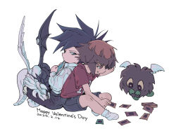 Rule 34 | 2boys, aged down, black hair, black shorts, book, brown eyes, brown hair, card, child, closed mouth, dated, duel monster, full body, grey eyes, happy valentine, holding, holding book, holding card, kd (jichaman1), light and darkness dragon, looking at another, male focus, manjoume jun, multiple boys, red shirt, shirt, short hair, shorts, simple background, sitting, socks, sweatdrop, white background, white shirt, white socks, winged kuriboh, yaoi, yu-gi-oh!, yu-gi-oh! gx, yuki judai