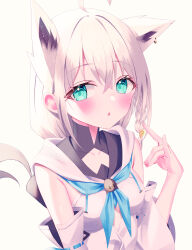 Rule 34 | 1girl, ahoge, animal ear fluff, animal ears, anzu yotsuba, blue neckerchief, blush, braid, breasts, collarbone, commentary request, detached sleeves, earrings, extra ears, fox ears, fox girl, fox shadow puppet, fox tail, green eyes, hair between eyes, highres, hololive, hood, hoodie, jewelry, long hair, looking at viewer, neckerchief, open mouth, shirakami fubuki, sidelocks, simple background, single braid, small breasts, solo, tail, virtual youtuber, white background, white hair, white hoodie