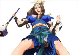 Rule 34 | 1girl, black eyes, breasts, brown hair, cai wenji, chinese clothes, highres, large breasts, legs, long hair, looking at viewer, nail polish, shin sangoku musou, simple background, solo, standing, thighs, torn clothes, weapon, white background, yadokari genpachirou