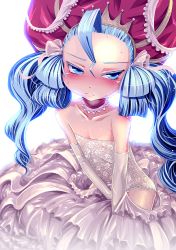 Rule 34 | 1girl, ahoge, ahoisy, bare shoulders, blue eyes, blue hair, blush, choker, crown, dress, elbow gloves, flat chest, gloves, matching hair/eyes, merrybell truth, original, solo, sweat, transporter (misutee), twintails