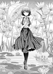Rule 34 | 1girl, ascot, breasts, collared shirt, flower, full body, greyscale, kazami yuuka, lily pad, long skirt, looking at viewer, lotus, medium breasts, meet (105r), monochrome, open clothes, open vest, pantyhose, parasol, plaid, plaid skirt, plaid vest, ripples, shirt, shoes, short hair, short sleeves, skirt, smile, solo, touhou, umbrella, vest, walking, walking on liquid