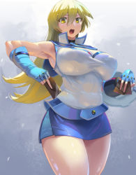 Rule 34 | 1girl, abs, arm up, ass, bare shoulders, belt, blonde hair, blue belt, blue gloves, blue skirt, breasts, card, covered navel, duel academy uniform (yu-gi-oh! gx), duel disk, fingerless gloves, gloves, hair between eyes, hand on own thigh, holding, holding card, kazo (kazozakazo), large breasts, long hair, miniskirt, open mouth, shiny skin, skirt, sleeveless, smile, solo, standing, tenjouin asuka, thighs, yellow eyes, yu-gi-oh!, yu-gi-oh! gx