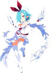 Rule 34 | 1girl, asymmetrical bangs, blue hair, boots, bow, bright pupils, detached wings, disgaea, disgaea rpg, dress, elbow gloves, full body, gloves, hair bow, hair over one eye, halo, light blue hair, mini wings, non-web source, official art, photoshop (medium), pleinair, pointy ears, red eyes, short hair, smile, solo, thigh boots, thighhighs, transparent background, white dress, white gloves, white thighhighs, white wings, wings