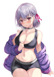 Rule 34 | 1girl, absurdres, black shorts, black sports bra, blush, breasts, choker, cleavage, contemporary, fate/grand order, fate (series), hair ribbon, harimoji, highres, jacket, kama (fate), large breasts, long sleeves, looking at viewer, navel, off shoulder, open clothes, open jacket, open mouth, pink ribbon, purple jacket, red eyes, ribbon, short hair, shorts, silver hair, simple background, solo, sports bra, sweat, thighs