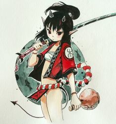 Rule 34 | 1girl, blush, commentary, cowboy shot, demon girl, demon horns, demon tail, english commentary, highres, horns, jug (bottle), katana, long hair, looking at viewer, moonshen timojim, navel, original, painting (medium), pointy ears, ponytail, solo, sword, tail, traditional media, watercolor (medium), weapon, white background