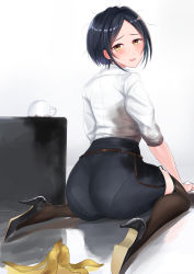 Rule 34 | 1girl, arm support, ass, banana peel, belt, black footwear, black thighhighs, blue hair, blush, clumsy, coffee mug, cup, dress shirt, embarrassed, hayami kanade, high heels, highres, idolmaster, idolmaster cinderella girls, lace, lace-trimmed skirt, lace trim, looking at viewer, looking back, messy hair, mug, open mouth, pantylines, parted bangs, pencil skirt, seiza, shirt, shogun (a96040021), short hair, short sleeves, simple background, sitting, skirt, smile, solo, thighhighs, tight clothes, upside-down mug, white background, white shirt, yellow eyes