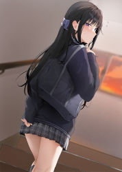 Rule 34 | 1girl, absurdres, bag, black hair, black socks, blue bow, blue eyes, blush, bow, closed mouth, commentary, grey skirt, hair bow, hair ornament, highres, indoors, kneehighs, long hair, long sleeves, looking at viewer, looking back, mole, mole under eye, original, purple eyes, shoulder bag, skirt, socks, symbol-only commentary, thighs, xretakex