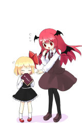 Rule 34 | 2girls, :o, ^ ^, ascot, bat wings, black legwear, blonde hair, blush, book, child, closed eyes, dress shirt, eating, eluthel, embodiment of scarlet devil, closed eyes, female focus, flying sweatdrops, hair ribbon, head wings, height difference, is that so, koakuma, loafers, long hair, long sleeves, mary janes, multiple girls, necktie, open mouth, pantyhose, pigeon-toed, red eyes, red hair, ribbon, rumia, shirt, shoes, short hair, skirt, skirt set, socks, touhou, vest, wavy mouth, white legwear, wings