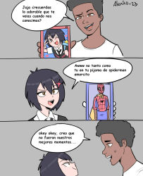 Rule 34 | 1boy, 1girl, backpack, bag, black hair, brown hair, cape, commentary, cosplay, dark-skinned male, dark skin, hair ornament, heart, height difference, highres, holding, holding photo, marvel, miles morales, necktie, one eye closed, open mouth, peni parker, photo (object), raised eyebrow, smile, spanish commentary, spider-man, spider-man: across the spider-verse, spider-man: into the spider-verse, spider-man (cosplay), spider-man (series), spider-verse, sweater vest, thecooleralexico, translated, v, x hair ornament, yellow cape