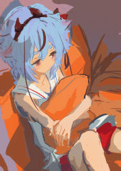 Rule 34 | 1other, absurdres, bare arms, blue hair, braid, collarbone, commentary, couch, cushion, gynoid talk, highres, holding cushion, horn ornament, horns, kabuyama kaigi, meika mikoto, no lineart, red eyes, red shorts, sailor collar, shirt, shorts, sitting, solo, thick eyebrows, vocaloid, white sailor collar, white shirt