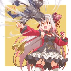 Rule 34 | 1girl, nanashi inc., attack, bat wings, bell, black skirt, breasts, claws, cleavage, commentary request, cone hair bun, creature, dated, debidebi debiru, demon girl, demon horns, demon tail, detached sleeves, flying kick, frilled sleeves, frills, gagame, garter straps, hair bun, highres, holding, holding poke ball, honey strap, horns, jewelry, kicking, looking to the side, multicolored hair, necklace, nijisanji, patterned clothing, pink hair, pointing, poke ball, red eyes, red sleeves, silver hair, simple background, skirt, standing, streaked hair, suou patra, tail, thighhighs, thighs, upper body, virtual youtuber, wings, yellow background, zettai ryouiki