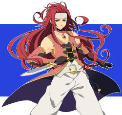Rule 34 | 00s, 1boy, bad id, bad pixiv id, blue background, blue eyes, eterno, gloves, headband, long hair, male focus, red hair, solo, sword, tales of (series), tales of symphonia, weapon, zelos wilder