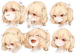 Rule 34 | 1girl, :d, :p, ^ ^, blonde hair, clenched teeth, closed eyes, commentary, expressions, flandre scarlet, gotou (nekocat), grin, hair between eyes, hand fan, hand up, head tilt, highres, looking at viewer, multiple views, no headwear, one side up, open mouth, pointy ears, red eyes, short hair, simple background, smile, sweat, symbol-only commentary, teeth, tongue, tongue out, touhou, translation request, v-shaped eyebrows, white background