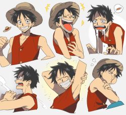 Rule 34 | 1boy, :d, ^ ^, arms up, black eyes, black hair, boned meat, clenched hands, closed eyes, cracking knuckles, drooling, expressions, food, from side, grin, hat, highres, laughing, male focus, meat, monkey d. luffy, multiple views, one piece, open mouth, pout, qin (7833198), red shirt, scar, scar on face, shirt, simple background, sleeveless, smile, straw hat, thought bubble