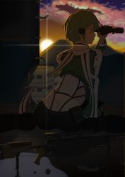Rule 34 | 10s, 1girl, anti-materiel rifle, arm support, ass, bipod, bolt action, butt crack, cloud, cropped jacket, from behind, green hair, gun, highres, opp, pgm hecate ii, profile, rebar, rifle, ruins, scarf, scope, short hair, sidelocks, sinon, sitting, sniper rifle, solo, sunset, sword art online, wariza, weapon