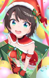 Rule 34 | 1girl, aqua eyes, bare shoulders, gloves, hat, highres, hololive, looking at viewer, oozora subaru, open mouth, red gloves, santa costume, santa hat, smile, solo, taachika, virtual youtuber