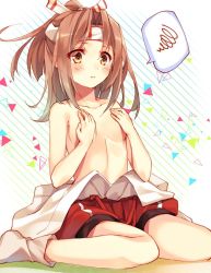 Rule 34 | 1girl, blush, brown eyes, brown hair, collarbone, hachimaki, hands on own chest, headband, highres, japanese clothes, kantai collection, long hair, looking at viewer, one-hour drawing challenge, partially undressed, ponytail, sitting, solo, toosaka asagi, wariza, white background, zuihou (kancolle)