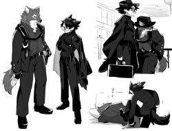 Rule 34 | 2boys, anger vein, animal ears, arknights, briefcase, brothers, capone (arknights), formal, full body, furry, furry male, gambino (arknights), glasses, hat, iwashi 80, kicking, multiple boys, siblings, simple background, sleeping, suit, sweater, tail, white background, wolf boy, wolf ears, wolf tail