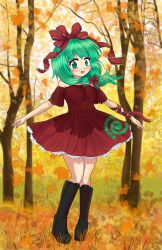 Rule 34 | 1girl, absurdres, arm ribbon, autumn leaves, bare shoulders, beanroll, black footwear, boots, bow, dress, forest, frilled dress, frilled ribbon, frills, front ponytail, full body, green eyes, green hair, hair bow, hair ribbon, highres, kagiyama hina, leaf, looking at viewer, maple leaf, nature, off-shoulder dress, off shoulder, outdoors, red dress, red ribbon, ribbon, smile, solo, touhou