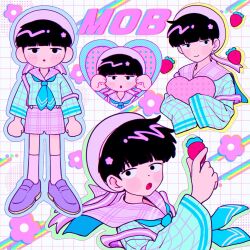 Rule 34 | 1boy, alternate costume, black eyes, black hair, blue neckerchief, cm wm, flower (symbol), food, fruit, heart, highres, kageyama shigeo, male focus, mob psycho 100, multiple views, neckerchief, open mouth, parted lips, pink shorts, shoes, shorts, simple background, sleeves past fingers, sleeves past wrists, smile, socks, strawberry, wide sleeves
