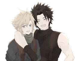 Rule 34 | 2boys, arm around neck, black hair, blonde hair, blue eyes, blue shirt, brown gloves, closed eyes, cloud strife, crisis core final fantasy vii, earrings, final fantasy, final fantasy vii, gloves, green scarf, hair between eyes, highres, jewelry, long sleeves, looking at viewer, male focus, miku (inaku), multiple boys, open mouth, parted bangs, scarf, shinra infantry uniform, shirt, short hair, single earring, sleeveless, sleeveless turtleneck, smile, spiked hair, square enix, suspenders, teeth, toned, toned male, turtleneck, upper body, upper teeth only, white background, zack fair