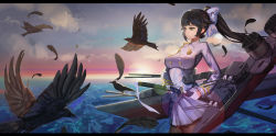 Rule 34 | 1girl, aiguillette, azur lane, bird, black hair, bow, breasts, buttons, cannon, cloud, collar, cowboy shot, double-breasted, feathers, frown, gloves, hair bow, hair ribbon, half gloves, holding, katana, landscape, lens flare, letterboxed, long hair, looking to the side, mecha musume, military, miniskirt, ocean, personification, pleated skirt, ponytail, ribbon, rigging, serious, sheath, sk tori, skirt, sky, sun, sunrise, sword, takao (bilan hangxian), turret, unsheathing, weapon, white gloves, white skirt, white uniform, yellow eyes