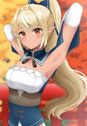 Rule 34 | absurdres, amamiya yuyu, armpits, arms behind head, arms up, blonde hair, blue bow, bow, breasts, cleavage, closed mouth, collar, dress, elbow gloves, evening, expressionless, gloves, hair between eyes, hair bow, hair intakes, highres, hololive, large breasts, long hair, orange eyes, pointy ears, ponytail, red sky, shiranui flare, sky, sleeveless, sleeveless dress, upper body, virtual youtuber, white gloves