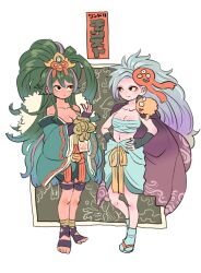 2girls ama_no_murakumo aqua_socks bandaged_chest bare_shoulders commentary_request creature eyeshadow full_body gradient_hair green_hair hands_on_own_hips haori highres japanese_clothes kimono long_hair looking_at_another makeup monster_strike multicolored_hair multiple_girls nurarihyon_(monster_strike) on_shoulder orange_eyeshadow orange_sash ponytail sandals sash smile socks takeuchi_ryousuke yellow_sash