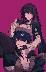Rule 34 | 1boy, 1girl, bandaged arm, bandages, black hair, black jacket, blade (honkai: star rail), bug, butterfly, chest harness, chromatic aberration, closed mouth, collared shirt, cowboy shot, earrings, eyewear on head, gloves, hair between eyes, hair over one eye, hand on another&#039;s neck, harness, highres, honkai: star rail, honkai (series), insect, jacket, jewelry, kafka (honkai: star rail), long hair, long sleeves, looking at viewer, multiple rings, pantyhose, parted bangs, parted lips, pectoral cleavage, pectorals, purple background, purple eyes, purple gloves, purple hair, purple pantyhose, qaqaqaq86, red eyes, ring, round eyewear, shirt, sidelocks, simple background, smile, sunglasses, tassel, tassel earrings, upper body, white shirt