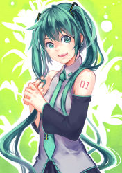 Rule 34 | 1girl, bad id, bad pixiv id, detached sleeves, fanany, green eyes, green hair, hatsune miku, long hair, matching hair/eyes, necktie, solo, twintails, very long hair, vocaloid