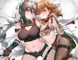 Rule 34 | 2girls, adjusting clothes, animal ears, arknights, arm strap, bare shoulders, bikini, bikini under clothes, black bikini, black gloves, black hair, black shorts, blush, bracelet, breasts, bright pupils, brown eyes, brown hair, brown legwear, cat ears, cleavage, cleavage cutout, clothing cutout, commentary request, crop top, crossover, earrings, elbow gloves, eyebrows hidden by hair, fishnet legwear, fishnets, gloves, hair between eyes, highres, jewelry, large breasts, long hair, looking at viewer, medium breasts, misaka mikoto, mismatched bikini, mkt (pixiv15187870), multiple girls, nail polish, navel, open fly, pantyhose, parted lips, red bikini, red nails, schwarz (arknights), see-through, short hair, short shorts, short sleeves, shorts, stomach, swimsuit, thighband pantyhose, thong bikini, toaru kagaku no railgun, toaru majutsu no index, underboob, unzipped, very long hair