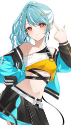 Rule 34 | 1girl, :3, absurdres, asymmetrical clothes, black skirt, blue hair, closed mouth, collarbone, crop top, earrings, floating hair, hair ornament, hand on own hip, highres, index finger raised, jewelry, long sleeves, midriff, miniskirt, nail polish, navel, orange nails, ponytail, qf ivi, red eyes, shiranami ramune, short hair, simple background, skirt, smile, solo, standing, stomach, virtual youtuber, vspo!, wave hair ornament, white background