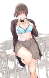 Rule 34 | 1girl, amagami, black bow, black hair, blue bra, blue panties, blush, bow, bra, breasts, brown eyes, brown sweater, classroom, cleavage, clothes lift, collared shirt, commentary request, desk, grey skirt, highres, indoors, leaning, medium breasts, navel, open clothes, open shirt, panties, panties around leg, pleated skirt, ponytail, sasaki akira (ugc), school uniform, shirt, skirt, solo, sweater, sweater lift, tsukahara hibiki, underwear, white shirt
